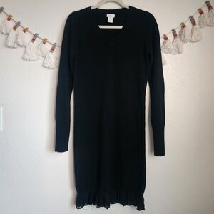 Oats Cashmere Black Knit Ruffle Tunic Sweater Top Luxurious Minimalist Boho M